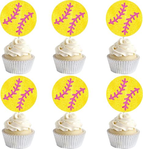 Softball Theme Cupcake Toppers 24pcs Glitter Softball Cupcake Toppers Softball Party Decoration for Girls Softball Birthday Party Baby Shower Decoration Supplies in Saudi Arabia