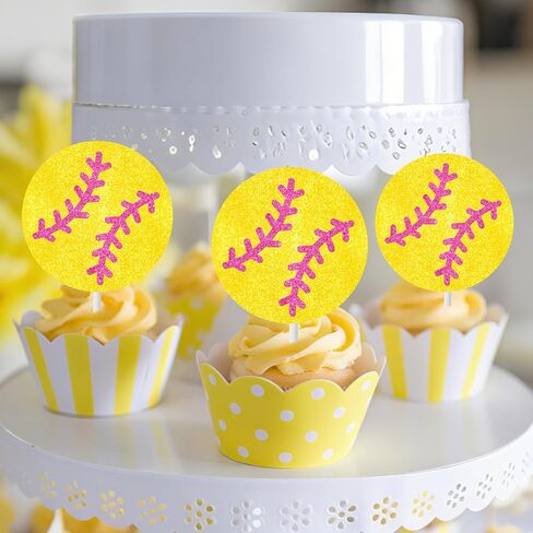 Softball Theme Cupcake Toppers 24pcs Glitter Softball Cupcake Toppers Softball Party Decoration for Girls Softball Birthday Party Baby Shower Decoration Supplies in Saudi Arabia