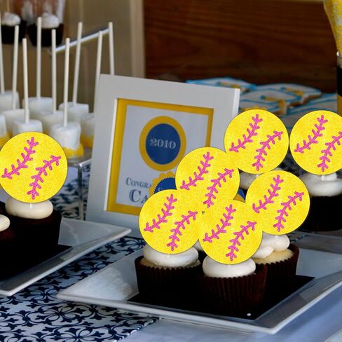Softball Theme Cupcake Toppers 24pcs Glitter Softball Cupcake Toppers Softball Party Decoration for Girls Softball Birthday Party Baby Shower Decoration Supplies in Saudi Arabia