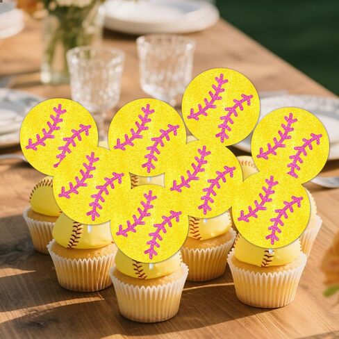 Softball Theme Cupcake Toppers 24pcs Glitter Softball Cupcake Toppers Softball Party Decoration for Girls Softball Birthday Party Baby Shower Decoration Supplies in Saudi Arabia