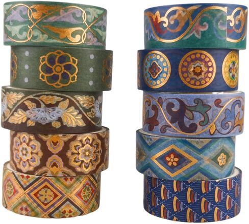 مجموعة Washi Tape Set 10 لفات ، ملصق ورق مزخرف من Chinoiserie Gold Foil لـ Planner Scrapbook Journal DIY Arts Craft (Blue Blue) in Kuwait
