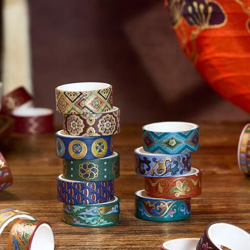 مجموعة Washi Tape Set 10 لفات ، ملصق ورق مزخرف من Chinoiserie Gold Foil لـ Planner Scrapbook Journal DIY Arts Craft (Blue Blue) in Kuwait
