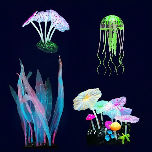 4 عبوات من نباتات الحوض والديكور السيليكون الفلوريسينت - قناديل البحر الواقعية ، فطر لجميع خزانات الأسماك ، الزخارف الأساسية in Kuwait