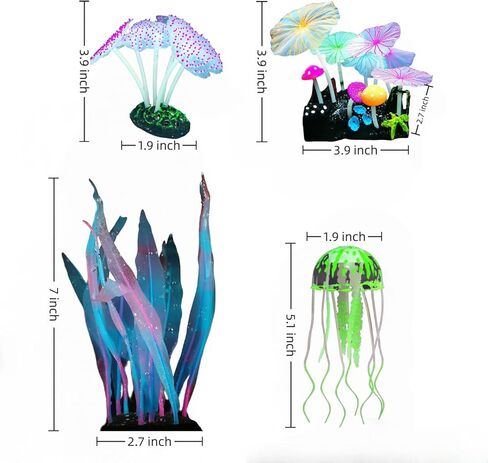 4 عبوات من نباتات الحوض والديكور السيليكون الفلوريسينت - قناديل البحر الواقعية ، فطر لجميع خزانات الأسماك ، الزخارف الأساسية in Kuwait