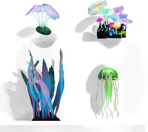 4 عبوات من نباتات الحوض والديكور السيليكون الفلوريسينت - قناديل البحر الواقعية ، فطر لجميع خزانات الأسماك ، الزخارف الأساسية in Kuwait