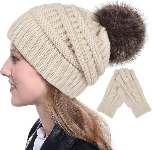 Slouchy Beanie Hat Gloves Set Women Winter Knit Warm Fleece Lined Cap with Cute Pom in Kuwait