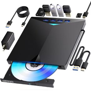 محرك أقراص DVD خارجي، واجهة USB-A+Type-c، متوافق مع محرك أقراص CD DVD المحمول، محرك أقراص CD/DVD للقراءة والكتابة متوافق مع Windows7-11/Mac OS رمادي in Kuwait