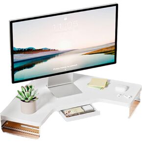 Royumi Corner Monitor Stand Clear Acrylic Leg ＆ Wood Corner Screen Stand ، Riser Triangle Desk Triangle Riser للشاشة/الكمبيوتر المحمول/الكمبيوتر ، منظم الزاوية مع الدرج (اللون: أبيض) in Kuwait