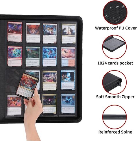 Snekdy premium 1024-pocket trading card binder, 16-pocket cards album, waterproof PU-leather Cover album with side loading, holds gaming, baseball, basketball & sports cards (Black) in Saudi Arabia