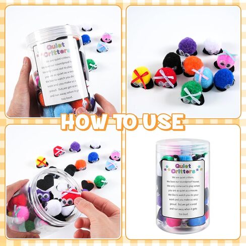 50 Pcs 1Inch Multicolor Pom Poms Critters with Plastic Jar Quiet Critters Classroom Management, Behavior Classroom Management, Homeschooling, Educational and Learning Activities for Kids (Pom Poms) in Saudi Arabia