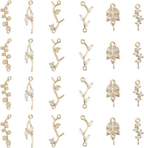 Superfindings 24pcs 6 أنماط مكعب Zirconia Links charms Crystal Leaf Branch Connector Charms Gold Plated Wheat Charms Rhinestone Mountors مع حلقات مزدوجة لصنع المجوهرات in Kuwait