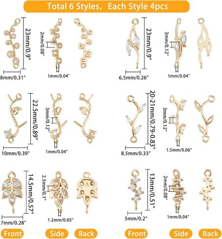 Superfindings 24pcs 6 أنماط مكعب Zirconia Links charms Crystal Leaf Branch Connector Charms Gold Plated Wheat Charms Rhinestone Mountors مع حلقات مزدوجة لصنع المجوهرات in Kuwait