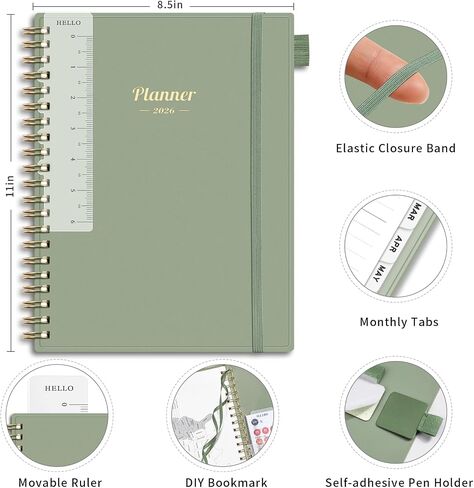 AHGXG 2026 Planner, Weekly and Monthly Planner, Large Size 8.5" x 11", 2026 Calendar, JAN 2026 - DEC 2026, Spiral Bound, Inner Pocket, Perfect for Office Home School Supplies, Sage Green in Kuwait