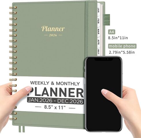 AHGXG 2026 Planner, Weekly and Monthly Planner, Large Size 8.5" x 11", 2026 Calendar, JAN 2026 - DEC 2026, Spiral Bound, Inner Pocket, Perfect for Office Home School Supplies, Sage Green in Kuwait
