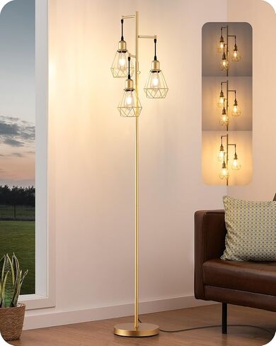 EDISHINE 70IN Farmhouse Floor Lamps for Living Room, Dimmable Industrial Tall Standing Lamps 3 LED Edison Bulbs Included, Diamond-Shaped Cage, Rustic Tree Corner Light for Bedroom, Office, Black in Saudi Arabia