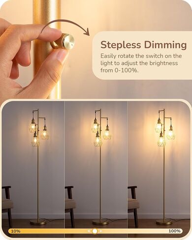 EDISHINE 70IN Farmhouse Floor Lamps for Living Room, Dimmable Industrial Tall Standing Lamps 3 LED Edison Bulbs Included, Diamond-Shaped Cage, Rustic Tree Corner Light for Bedroom, Office, Black in Saudi Arabia