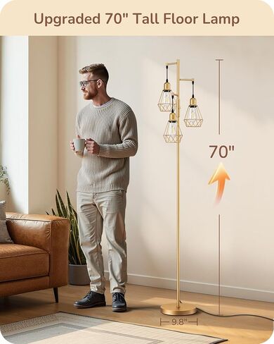 EDISHINE 70IN Farmhouse Floor Lamps for Living Room, Dimmable Industrial Tall Standing Lamps 3 LED Edison Bulbs Included, Diamond-Shaped Cage, Rustic Tree Corner Light for Bedroom, Office, Black in Saudi Arabia