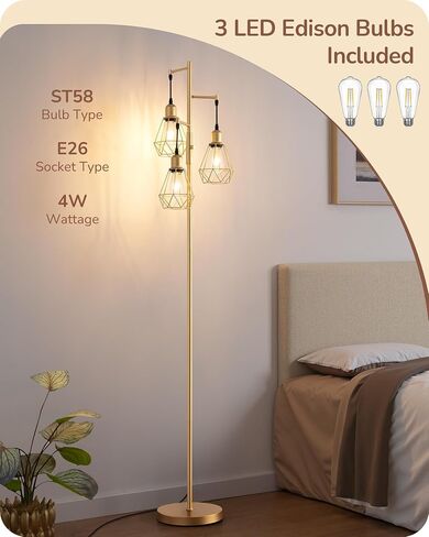 EDISHINE 70IN Farmhouse Floor Lamps for Living Room, Dimmable Industrial Tall Standing Lamps 3 LED Edison Bulbs Included, Diamond-Shaped Cage, Rustic Tree Corner Light for Bedroom, Office, Black in Saudi Arabia
