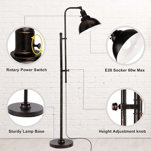 PARTPHONER Industrial Floor Lamp Adjustable, Rustic Farmhouse Reading Lamp in Aged Black Finish, Modern Standing Lamp with Remote Control Metal Shade for Living Room Bedroom Study Room Office Hotel in Saudi Arabia