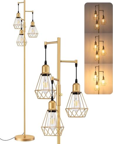 EDISHINE 70IN Farmhouse Floor Lamps for Living Room, Dimmable Industrial Tall Standing Lamps 3 LED Edison Bulbs Included, Diamond-Shaped Cage, Rustic Tree Corner Light for Bedroom, Office, Black in Saudi Arabia