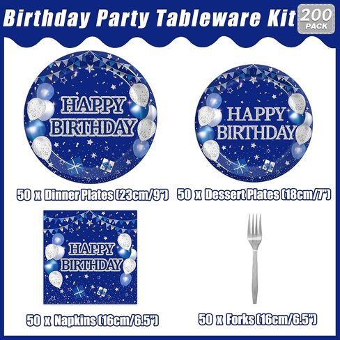200Pcs Blue Birthday Party Tableware Set, Navy Blue and Silver Birthday Party Decorations Supplies for Men Women Party Dessert Plates Napkins Forks Favors, Serve 50 in Kuwait