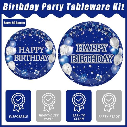 200Pcs Blue Birthday Party Tableware Set, Navy Blue and Silver Birthday Party Decorations Supplies for Men Women Party Dessert Plates Napkins Forks Favors, Serve 50 in Kuwait