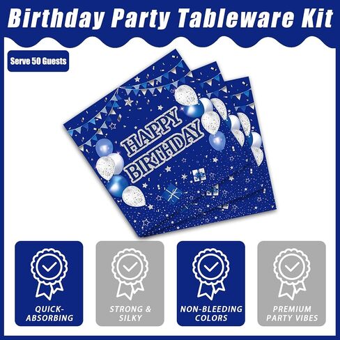 200Pcs Blue Birthday Party Tableware Set, Navy Blue and Silver Birthday Party Decorations Supplies for Men Women Party Dessert Plates Napkins Forks Favors, Serve 50 in Kuwait