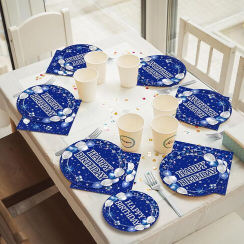 200Pcs Blue Birthday Party Tableware Set, Navy Blue and Silver Birthday Party Decorations Supplies for Men Women Party Dessert Plates Napkins Forks Favors, Serve 50 in Kuwait
