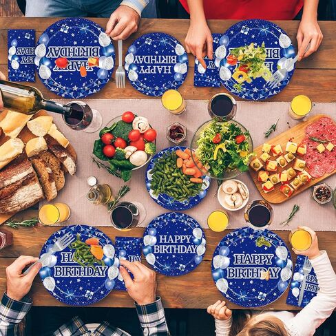 200Pcs Blue Birthday Party Tableware Set, Navy Blue and Silver Birthday Party Decorations Supplies for Men Women Party Dessert Plates Napkins Forks Favors, Serve 50 in Kuwait
