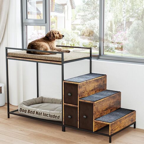 Lemberi Pet Bunk Bed مع الدرج والتخزين ، الكلاب/القطط نافذة ، صالة سرير مرتفعة من منصة متعددة المستويات مع تنجيد رغوة (رمادي) in Kuwait