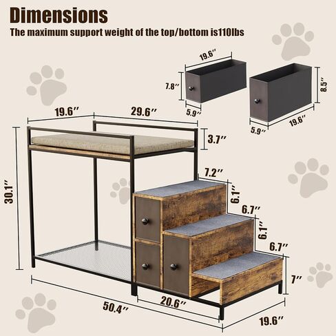 Lemberi Pet Bunk Bed مع الدرج والتخزين ، الكلاب/القطط نافذة ، صالة سرير مرتفعة من منصة متعددة المستويات مع تنجيد رغوة (رمادي) in Kuwait