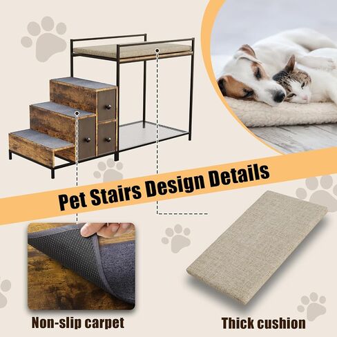 Lemberi Pet Bunk Bed مع الدرج والتخزين ، الكلاب/القطط نافذة ، صالة سرير مرتفعة من منصة متعددة المستويات مع تنجيد رغوة (رمادي) in Kuwait