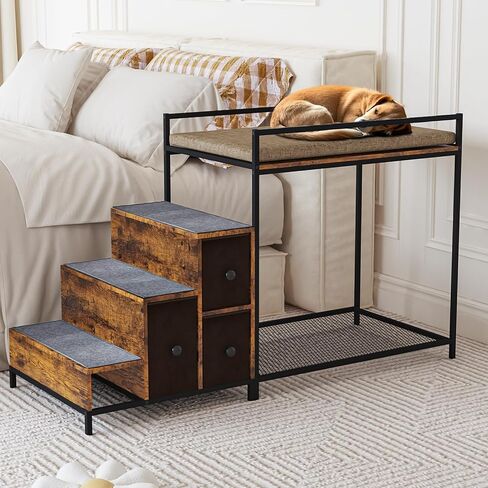 Lemberi Pet Bunk Bed مع الدرج والتخزين ، الكلاب/القطط نافذة ، صالة سرير مرتفعة من منصة متعددة المستويات مع تنجيد رغوة (رمادي) in Kuwait