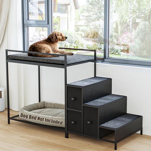 Lemberi Pet Bunk Bed مع الدرج والتخزين ، الكلاب/القطط نافذة ، صالة سرير مرتفعة من منصة متعددة المستويات مع تنجيد رغوة (رمادي) in Kuwait
