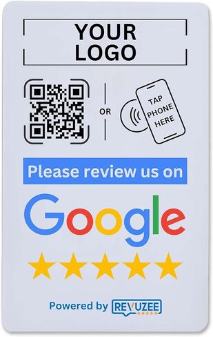 Google Review Tap Card by Revuzee (3 Pack) مع رمز الاستجابة السريعة وشعارك المخصص | NFC وعلامة رمز QR مخصص للأعمال | يتضمن التحليلات والصفحة المقصودة القابلة للتخصيص | أبيض in Kuwait