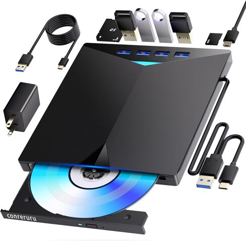 محرك أقراص DVD خارجي، واجهة USB-A+Type-c، متوافق مع محرك أقراص CD DVD المحمول، محرك أقراص CD/DVD للقراءة والكتابة متوافق مع Windows7-11/Mac OS رمادي in Kuwait