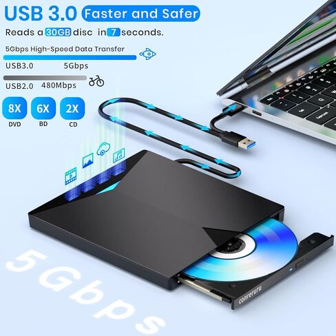 محرك أقراص DVD خارجي، واجهة USB-A+Type-c، متوافق مع محرك أقراص CD DVD المحمول، محرك أقراص CD/DVD للقراءة والكتابة متوافق مع Windows7-11/Mac OS رمادي in Kuwait