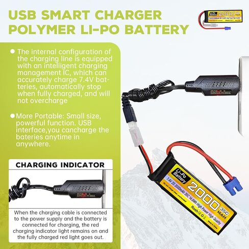 sea jump 2S Lipo Battery 7.4V 2000mAh 35C with EC2 Plug and USB Charging Cable Suitable for RC Car, Truck, RC Boat, Quadcopter Aircraft, FPV Drone Battery in Saudi Arabia