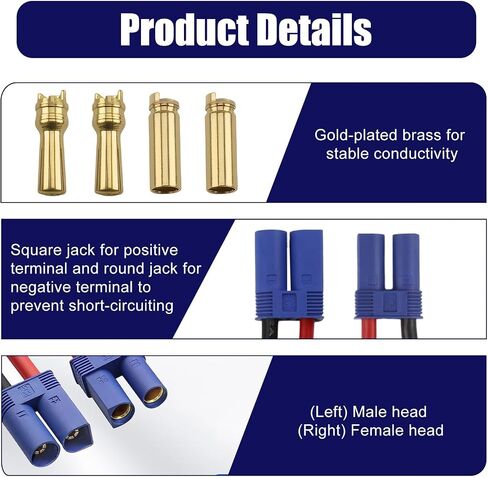 2 PCS EC5 Series Connector مع 10AWG WIR/Series Battery Adapter 10AWG 4INCH FOR LOSI/E-FLITE ، 4 مجموعات EC5 محول موصل البطارية المطلي بالذهب 5 ملم موصل أنثى الذكور من أجل RC ESC in Kuwait