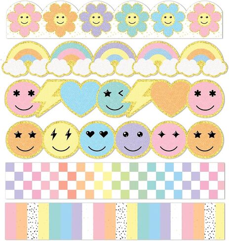 Fuutreo 6 Roll Boho Smile Face Bulletin Board Borders for Classroom Decoration 196.8ft Pastel Face Happy Rainbow Daisy Flower Stripes Border Glitter Die Cut Trim Boho Strip in Saudi Arabia