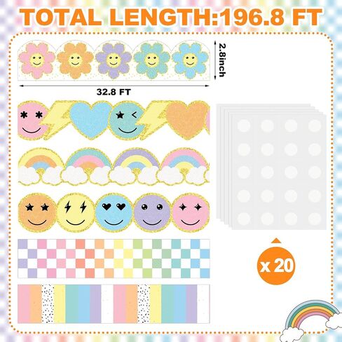 Fuutreo 6 Roll Boho Smile Face Bulletin Board Borders for Classroom Decoration 196.8ft Pastel Face Happy Rainbow Daisy Flower Stripes Border Glitter Die Cut Trim Boho Strip in Saudi Arabia