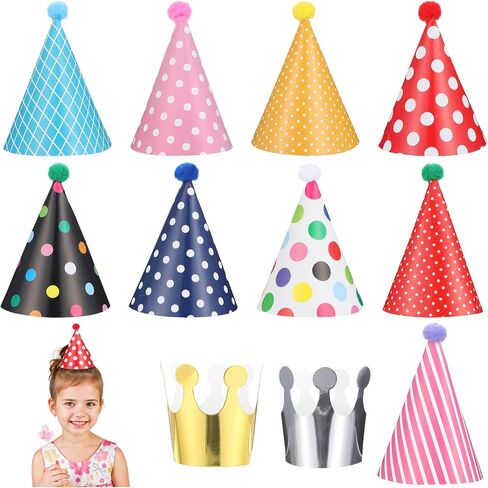 BREMOROU 11 PCS HIRDIAN Party Hats Pastel Mini Party Hats CHESS CHESS CONE CONE HAT مع POM POMS و GOLD CROWN PAPERTS COTALLUTION FOR in Saudi Arabia