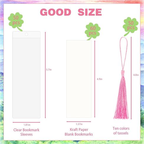 50 Sets Bookmark Making Kit, with 50 Clear Bookmark Sleeves, 50 Colorful Tassels, 60 Kraft Paper Blank Bookmarks, DIY Bookmarks for Party, Decoration, Teaching or Record Reading Experience in Saudi Arabia