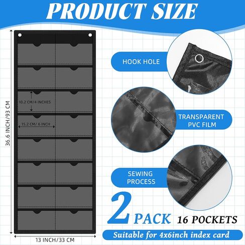 2 Pack 4'' x 6'' Index Card Holder Sleeve 16 Slot Black Plastic Organizer Hanging Wall Mount Business Note Cardholder PVC Clear Organizer Pocket for Classroom Office Library Home in Saudi Arabia