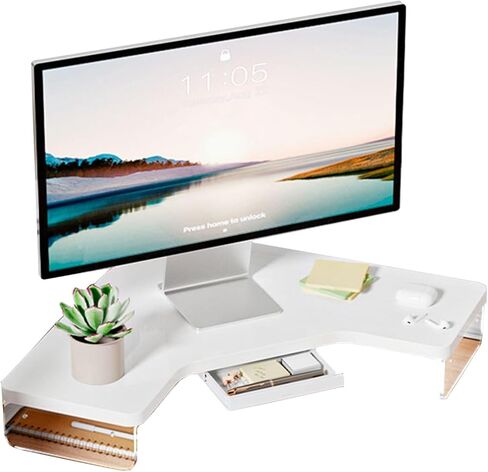 Royumi Corner Monitor Stand Clear Acrylic Leg ＆ Wood Corner Screen Stand ، Riser Triangle Desk Triangle Riser للشاشة/الكمبيوتر المحمول/الكمبيوتر ، منظم الزاوية مع الدرج (اللون: أبيض) in Kuwait