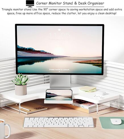 Royumi Corner Monitor Stand Clear Acrylic Leg ＆ Wood Corner Screen Stand ، Riser Triangle Desk Triangle Riser للشاشة/الكمبيوتر المحمول/الكمبيوتر ، منظم الزاوية مع الدرج (اللون: أبيض) in Kuwait