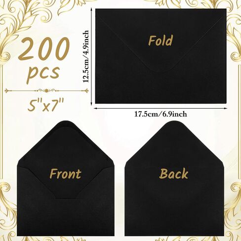 200 Pack 5x7 Inch Black Envelopes for Invitations, Self Adhesive A7 Envelopes with V-Flap, Great for Graduation, Invitation, Baby Shower, Wedding and RSVP Cards in Saudi Arabia