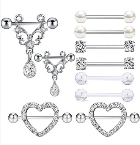 TIANCI FBYJS 5-7 Pairs Stainless Steel Nipple Rings Tongue Ring Piercing Body Jewelry Barbell CZ Heart Shape Rings for Women Girls in Kuwait
