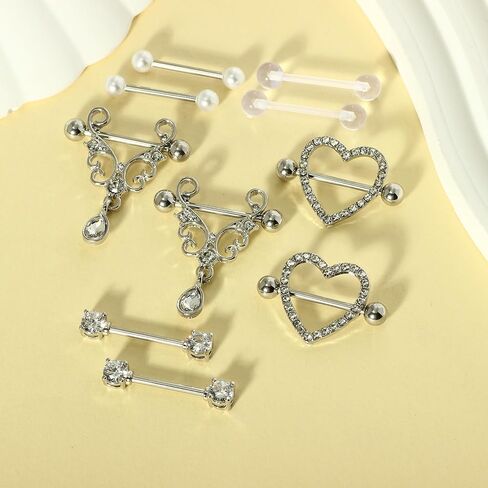 TIANCI FBYJS 5-7 Pairs Stainless Steel Nipple Rings Tongue Ring Piercing Body Jewelry Barbell CZ Heart Shape Rings for Women Girls in Kuwait