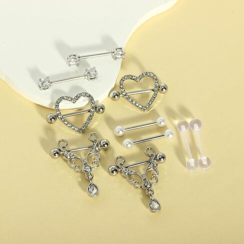 TIANCI FBYJS 5-7 Pairs Stainless Steel Nipple Rings Tongue Ring Piercing Body Jewelry Barbell CZ Heart Shape Rings for Women Girls in Kuwait
